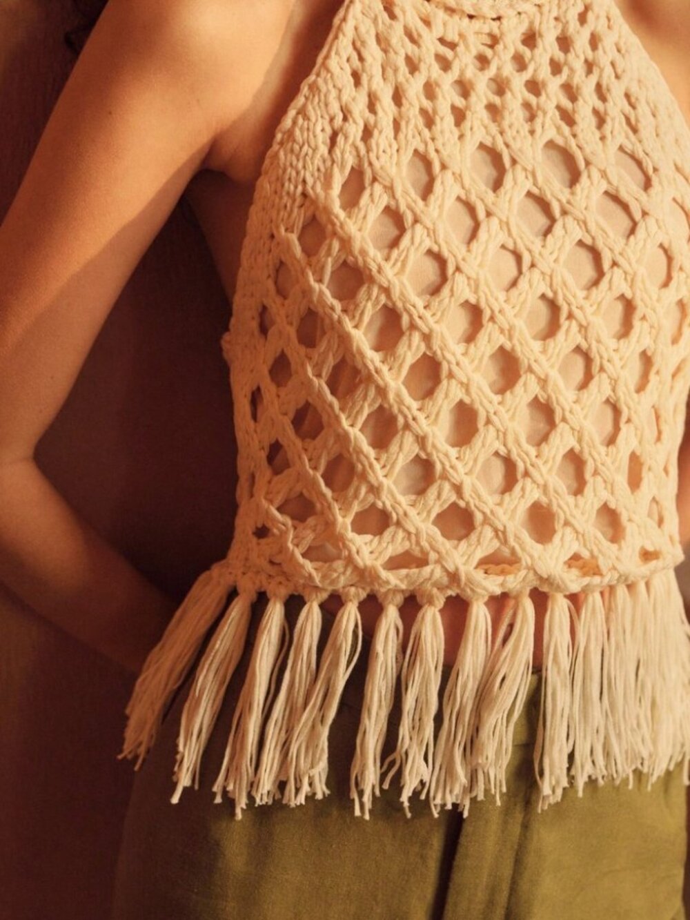Cream Crochet Halter Crop Top with Fringe Hem - Picture 3 of 8